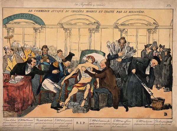 Mercury lies dying from cholera, surrounded by ministers; representing the sickly state of the French economy in the 1830s. Coloured etching, c. 1832.