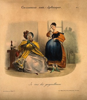 view A young woman dabs her eye as her mother looks askance; she suspects the onset of cholera. Coloured lithograph, c. 1832.