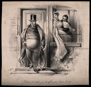 view A portly, well-to-do physician leaves his house, while his wife cavorts in the window with a young dandy. Lithograph by P. Numa, c. 1832.