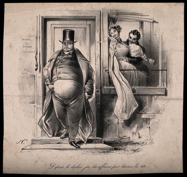 A portly, well-to-do physician leaves his house, while his wife cavorts in the window with a young dandy. Lithograph by P. Numa, c. 1832.