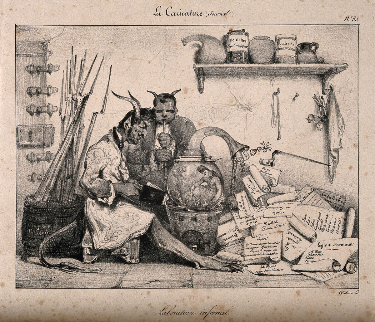 Two devils in a laboratory produce statutes with the help of a genie; showing the repressive nature of the government of France under Louis-Philippe, especially concerning the freedom of the press. Lithograph by E. Le Poittevin, 1831., [1831], by Eugène Le Poittevin