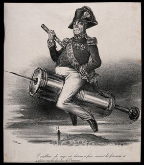 General Georges Mouton sits perched on an enormous clyster; representing his use of a prototype water-cannon in quelling an uprising. Lithograph after A. Desperret after Charles Philipon, c. 1831.