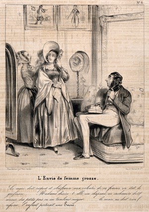 view A husband wearily pampers his pregnant wife. Lithograph by F. Bouchot, 1838.