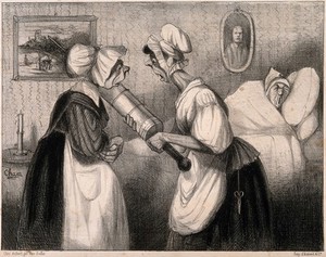 view Two maids confer on whether to 'refresh' a sick man even further by putting cold water into his enema. Lithograph by Cham, c. 1840.