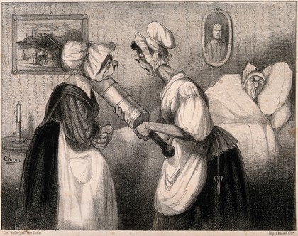 Two maids confer on whether to 'refresh' a sick man even further by putting cold water into his enema. Lithograph by Cham, c. 1840.