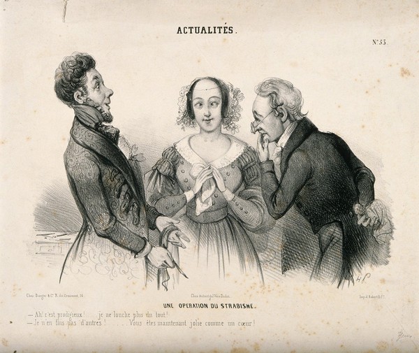A young woman and her physicians assure each other that she is cured of squinting, but alas she is not. Lithograph, c. 1830-1841.