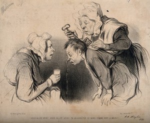 view A maid puts a key down a man's shirt to stop his nosebleed. Lithograph, c. 1835-1841.