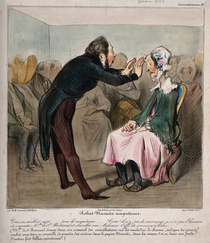 view Robert Macaire mesmerises an old lady in front of an audience. Coloured lithograph by H. Daumier.