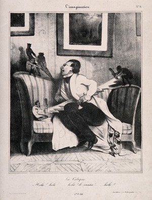 view Devils saw away at a colic sufferer's abdomen. Lithograph by C. Ramelet after H. Daumier, 1833.