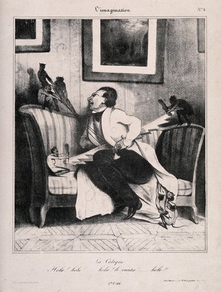 Devils saw away at a colic sufferer's abdomen. Lithograph by C. Ramelet after H. Daumier, 1833.