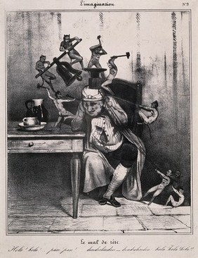 Devils attack a man's head; symbolising headache. Lithograph by C. Ramelet after H. Daumier, c. 1833.