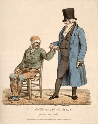 A rich physician feels the pulse of a poor, sick patient; he tells him he is fine. Coloured stipple engraving by J.J. after E.J. Pigal, c. 1840.