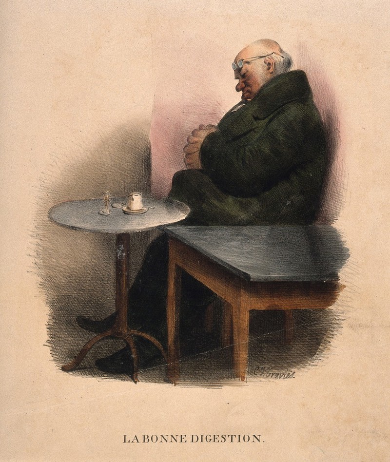 A man resting after a drink; representing good digestion. Coloured lithograph by C.J. Traviès., by Traviès