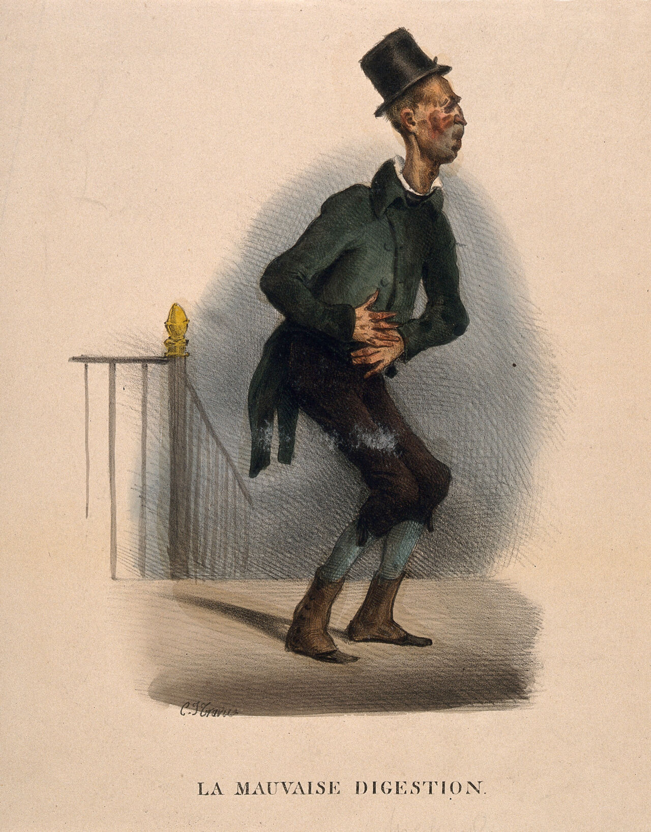 A poor man suffering from indigestion. Coloured lithograph by C.J. Traviès., by Traviès