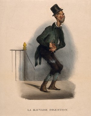 view A poor man suffering from indigestion. Coloured lithograph by C.J. Traviès.