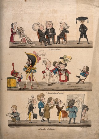 A medical consultation while a patient dies; a group of soldiers with a family; men in an artist's loft. Coloured lithograph c. 1840.