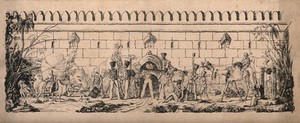 view Soldiers, camels and elephants gather around a gate to an Indian palace. Lithograph.