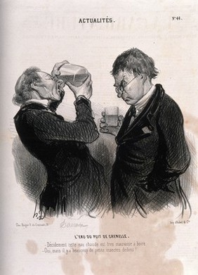 Two gentlemen inspect the water from the new Artesian well in Grenelle, just outside Paris. Lithograph by H. Daumier, 1841.