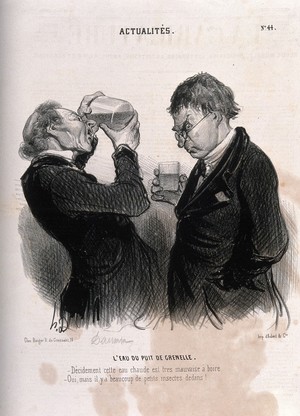 view Two gentlemen inspect the water from the new Artesian well in Grenelle, just outside Paris. Lithograph by H. Daumier, 1841.