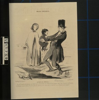 A father dips his displeased child into water from the new Artesian well in Grenelle; he emerges covered in filth. Lithograph by H. Daumier, 1841.