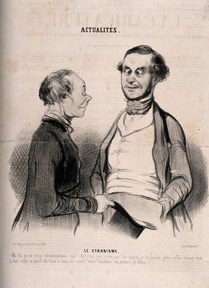 view Two friends conversing about a recent operation for strabismus. Lithograph by H. Daumier, 1841.