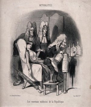 view Three long-faced physicians prepare a clyster for a pallid young woman; representing Thiers and two other ministers attending to France amidst her troubles after 1848. Lithograph by C. Vernier, 1849.