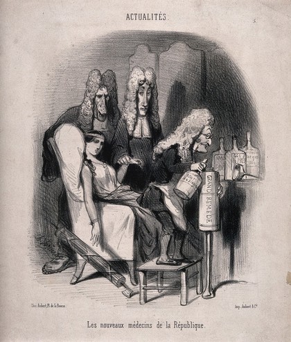 Three long-faced physicians prepare a clyster for a pallid young woman; representing Thiers and two other ministers attending to France amidst her troubles after 1848. Lithograph by C. Vernier, 1849.