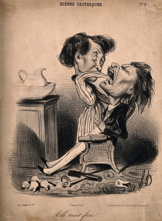 A woman reaches down into a man's mouth to pull out another tooth; teeth lie scattered on the floor. Lithograph by H. Daumier, 1839.