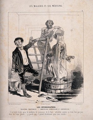 view A man is treated to a cascade of water in the name of hydropathy. Lithograph by C. Jacque, 1843.