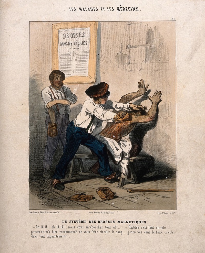 A man is violently rubbed with magnets. Coloured lithograph by C. Jacque, c. 1843., [c. 1843], by Charles Jacque