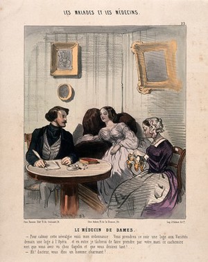 view A physician prescribing entertainment as a cure for a young woman's nervous illness. Coloured lithograph by Ch.-E. Jacque.