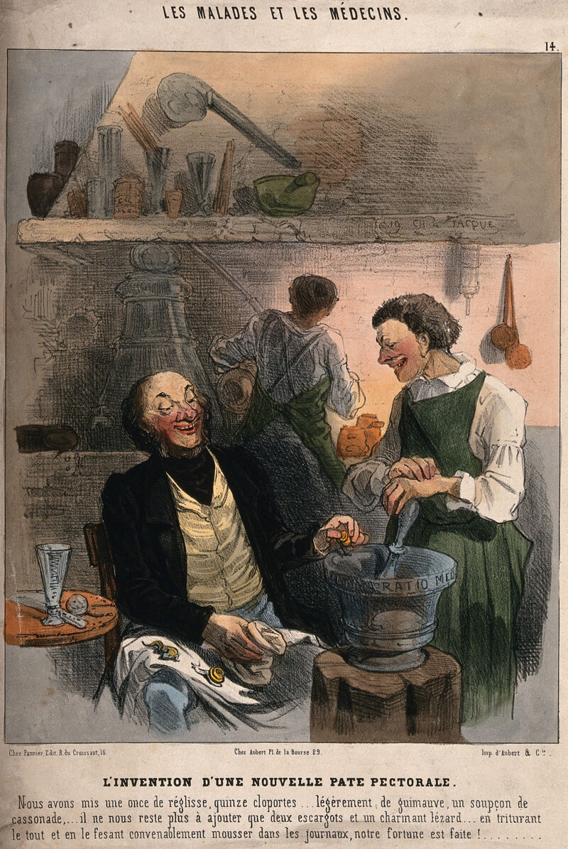 A cynical doctor describes the contents of his new cough mixture. Coloured lithograph by C. Jacque, 1844., [1844], by Charles Jacque