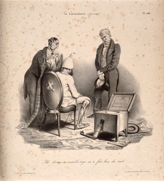 A revolutionary complains of bowel problems to a doctor; a clyster seat waits nearby. Lithograph by C.J. Traviès, c. 1833.