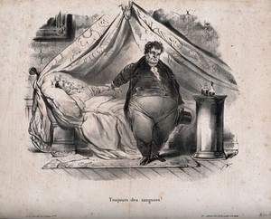 view A corpulent physician diagnoses more leeches for a young woman, who lies drained and bedbound. Lithograph by P. Numa, c. 1833.