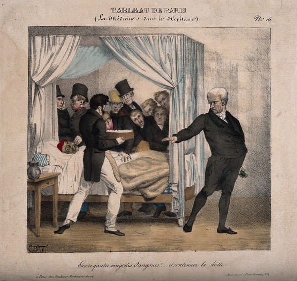 A doctor prescribes another ninety leeches for a sick, bedbound man; gentlemen crowd around the bed. Coloured lithograph by C.J. Traviès, c. 1827.