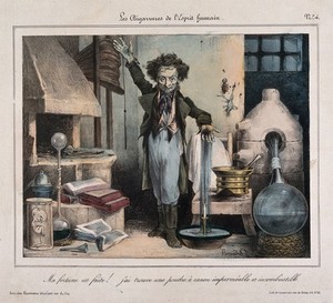 view A chemist creates a new form of gunpowder - incombustible; representing a futile new invention. Coloure lithograph by J.-B.-D. Bourdel, 1835.