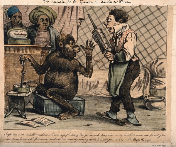 A monkey rejects the old style clyster for his new 'clyso-pompe', which he fills with opium and marshmallow. Coloured lithograph.