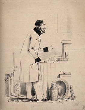 A wealthy doctor counting money. Lithograph.