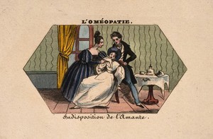 view A young woman being attended by a (homoeopathic?) physician. Coloured photolithograph.