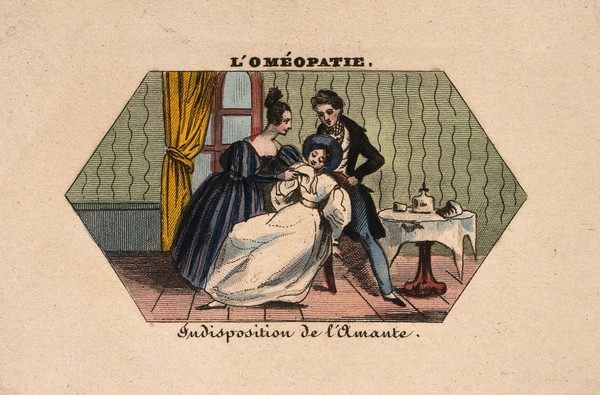 A young woman being attended by a (homoeopathic?) physician. Coloured photolithograph.