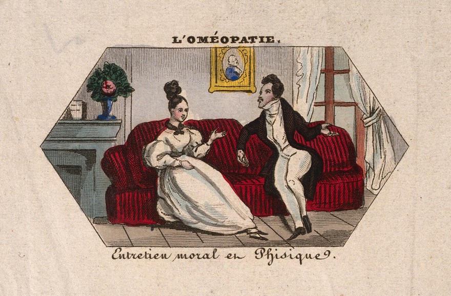 A young (homoeopathic?) physician converses with a young woman on moral and physical matters. Coloured engraving.
