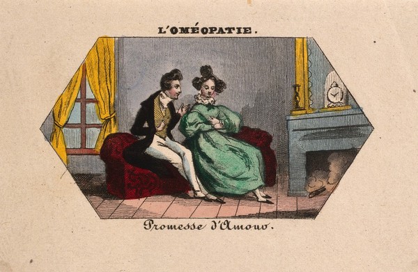 A young doctor vows his love to a thoughtful young woman. Coloured photolithograph.