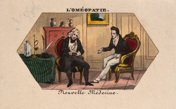 A young homoeopathic doctor converses with his patient. Coloured photolithograph.
