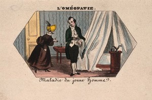 view A young homoeopath takes a cup to a sick young man hidden in his bed. Coloured photolithograph.