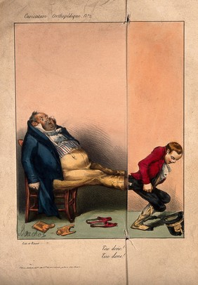 A young lad pulls off a corpulent man's boots. Coloured extendable lithograph by F. Bouchot, c. 1840.