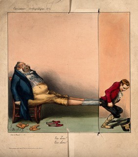 A young lad pulls off a corpulent man's boots. Coloured extendable lithograph by F. Bouchot, c. 1840.