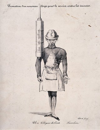 Comte Lanceleau with a large clyster to disperse rioters. Lithograph, c. 1830.