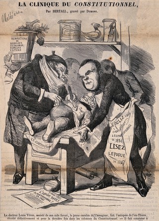 Louis Désiré Véron and Bernard-Adolphe Granier de Cassagnac dissect Adolphe Thiers; symbolising the ousting of Thiers from the editorship of the Constitutionnel, the paper bought by Véron. Wood engraving by Dumont after A. Bertall, 1851.