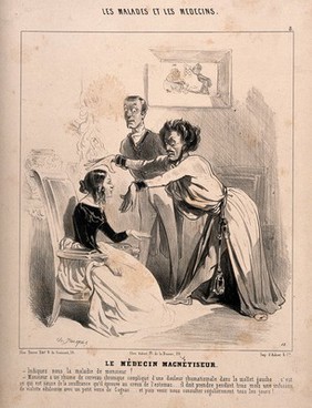 An exotic doctor magnetises a young woman; her husband looks on. Lithograph by C. Jacque, c. 1843.