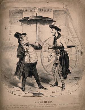 view A man influenced by the fashion for hydropathy stands in the rain and encounters a friend. Lithograph, c. 1845.
